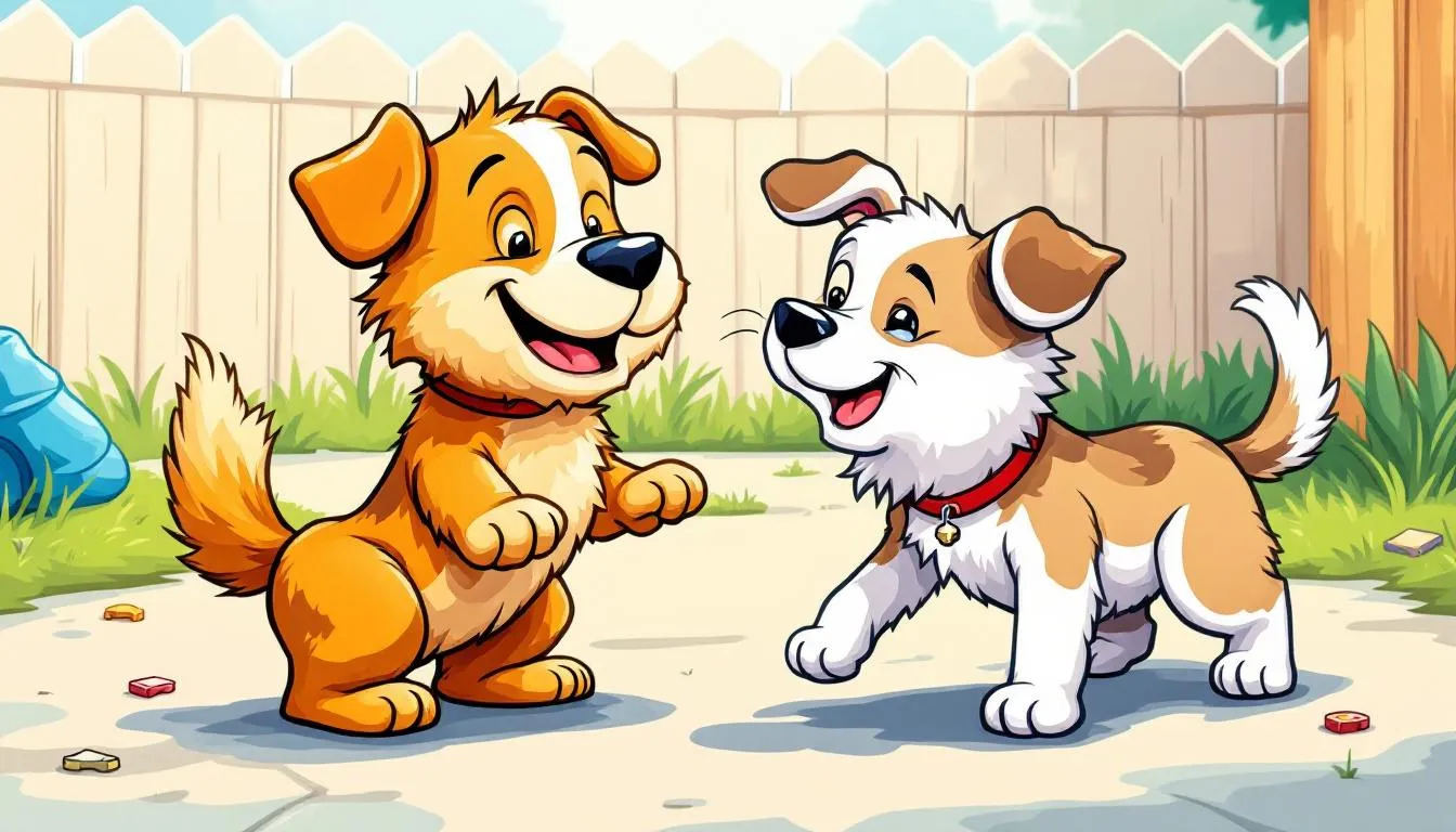 Two dogs engaging in play behavior, showcasing their body language.