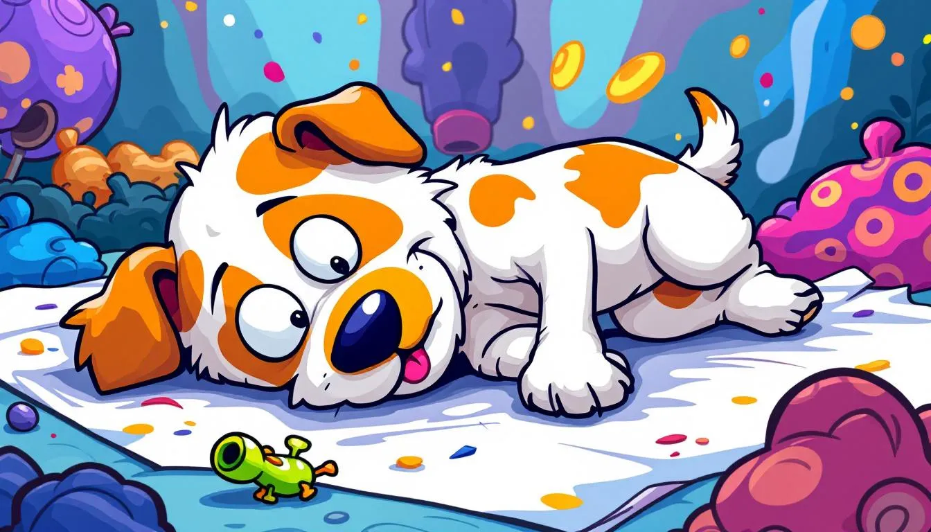 A dog playing dead, lying on its side with a toy nearby.