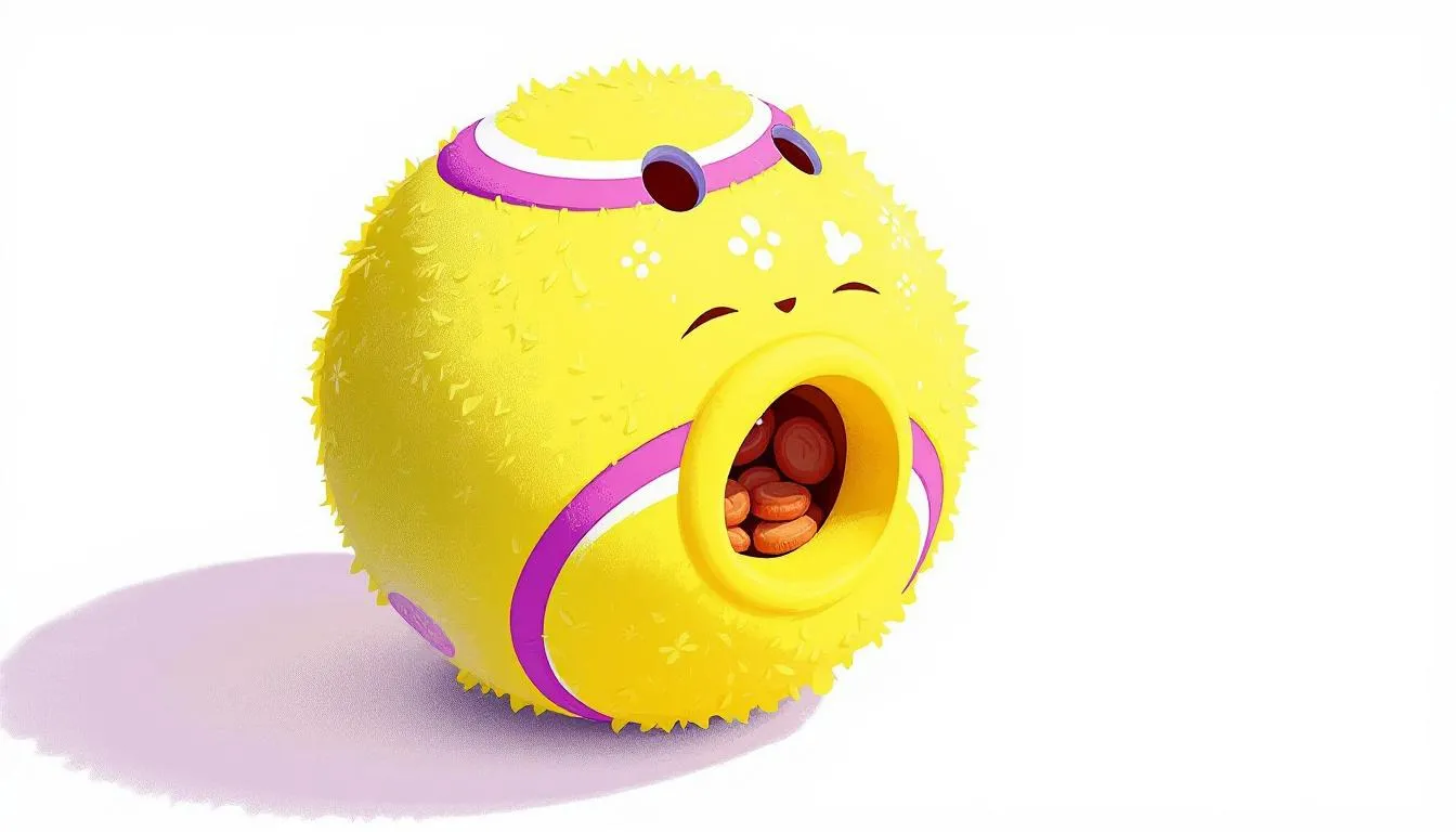 A tennis ball treat dispenser toy, designed for dogs to enjoy treats.