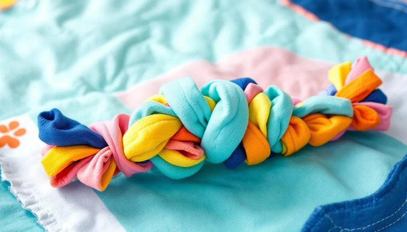 A braided t-shirt tug toy made from old t-shirts, showcasing the DIY process.