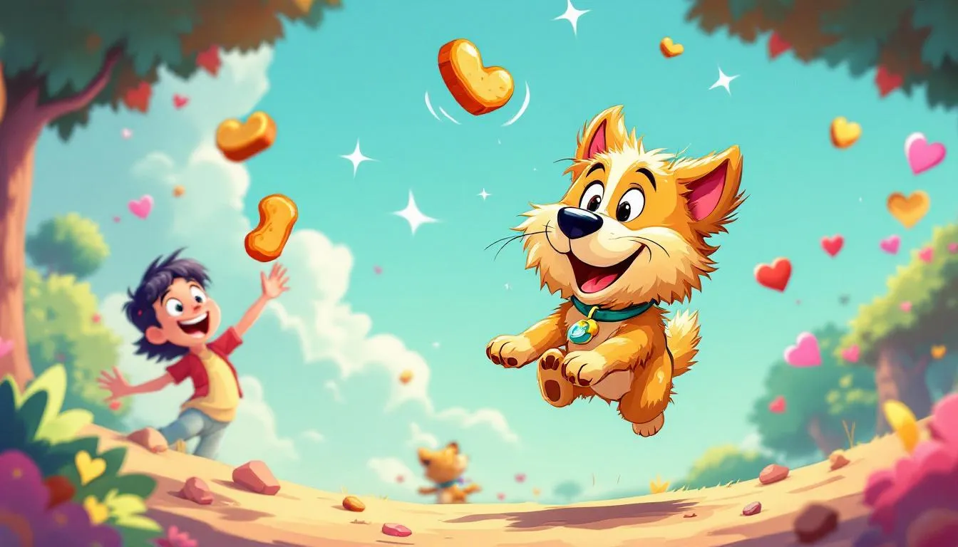 A dog catching treats tossed by its owner, a fun training moment.